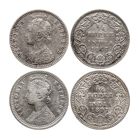 Victoria Empress, Silver Quarter Rupee (2 Coins), 1897, Bombay Mint, C(i)/I, 'B' incused,