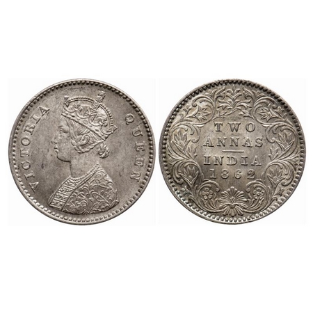 Victoria Queen, Silver 2 Annas, 1862, Calcutta Mint, A/I, Bottom flower center top petal b