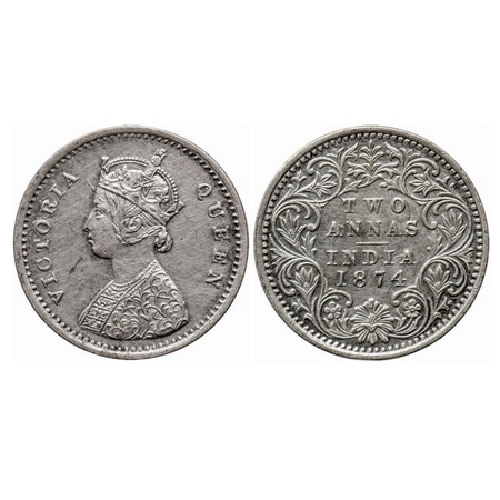 Victoria Queen, Silver 2 Annas, 1874, Bombay Mint, A/I, No mint mark, No dot, Ghost on Rev