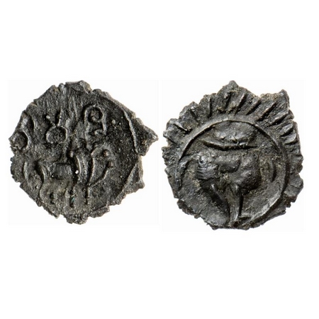Pallavas of Kanchi, Bronze unit, 0.81gm 13.80mm, Obv: Bull walking to right crude Brahmi l