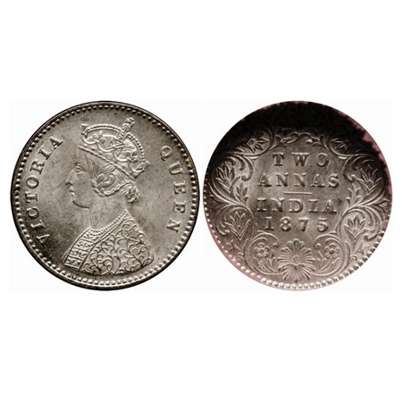 Victoria Queen, Silver 2 Annas, 1875, Calcutta Mint, A/I, No mint mark. GK 742. MS 63+, NG