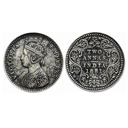 Victoria Empress, Silver 2 Annas, 1881, Bombay Mint, A/II, Dot, Ghost on Obv & Rev, Die cr