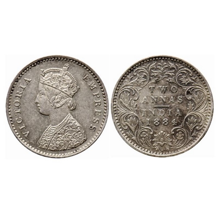 Victoria Empress, Silver 2 Annas, 1884, Bombay Mint, A/I, No dot. GK 769. About Uncirculat