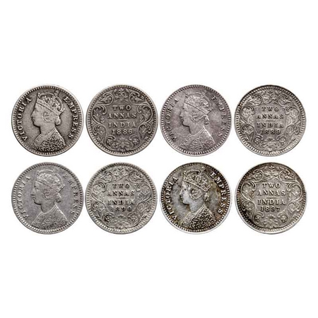 Victoria Empress, Silver 2 Annas (4 Coins), 1886, Bombay Mint, B/II, 'B' incused, 1889, Ca