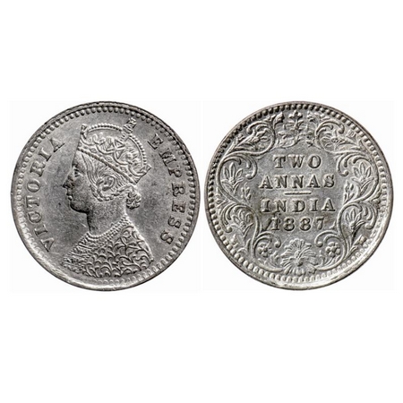 Victoria Empress, Silver 2 Annas, 1887, Bombay Mint, B/II, 'B' incused, Ghost on Rev. GK 7