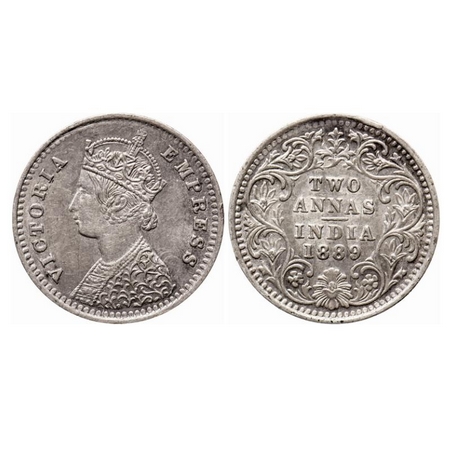 Victoria Empress, Silver 2 Annas, 1889, Bombay mint, B/II, 'B' incused, Ghost on Obverse. 
