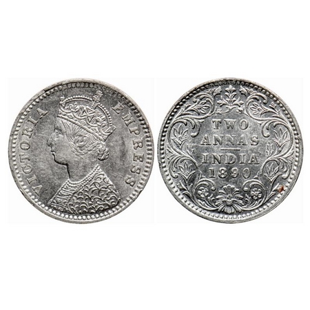 Victoria Empress, Silver 2 Annas, 1890, Bombay Mint, B/II, 'B' incused, Ghost on Rev & Obv