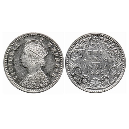 Victoria Empress, Silver 2 Annas, 1892, Bombay Mint, B/II, 'B' incused, Ghost on Rev & Obv