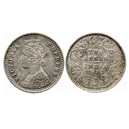 Victoria Empress, Silver 2 Annas, 1893, Bombay Mint, B/II, 'B' incused, Traces of numeral 