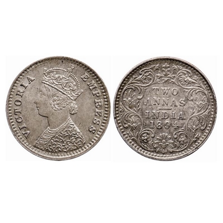 Victoria Empress, Silver 2 Annas, 1894, Bombay Mint, B/II, 'B' incused. GK 801. Almost Unc