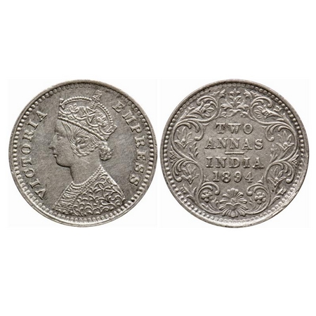 Victoria empress, Silver 2 Annas, 1894, Bombay Mint, B/II, 'B' incused. GK 801. Extremely 
