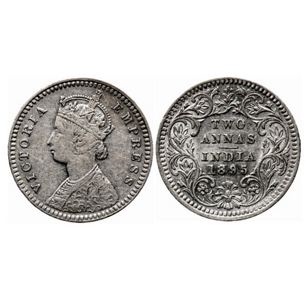 Victoria Empress, Silver 2 Annas, 1895, Calcutta Mint, B/II, 'C' incused. GK 803. About Ve