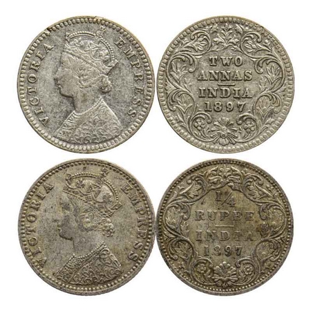 Victoria Empress, Silver 1/4 Rupee, 2 Annas (2 Coins), 1897, Bombay Mint, C(i)/I, 'B' incu