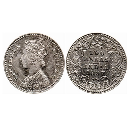 Victoria Empress, Silver 2 Annas, 1897, Calcutta Mint, B/II, 'C' incused, Ghost on Reverse