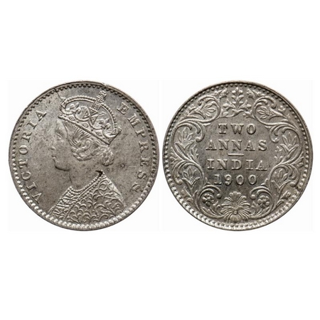 Victoria Empress, Silver 2 Annas, 1900, Calcutta Mint, B/II, 'C' incused. GK 814. About Un