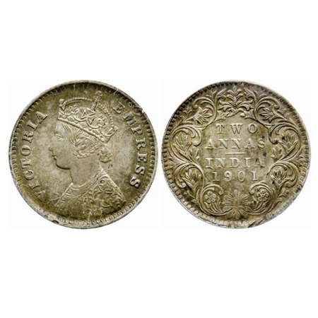 Victoria Empress, Silver 2 Annas, Bombay Mint, 1901, B/I, B incused, Die crack on Obverse.