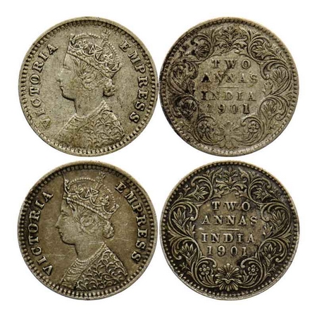 Victoria Empress, Silver 2 Annas (2 Coins), 1901, Bombay Mint, 'B' incused. GK 816. Very F