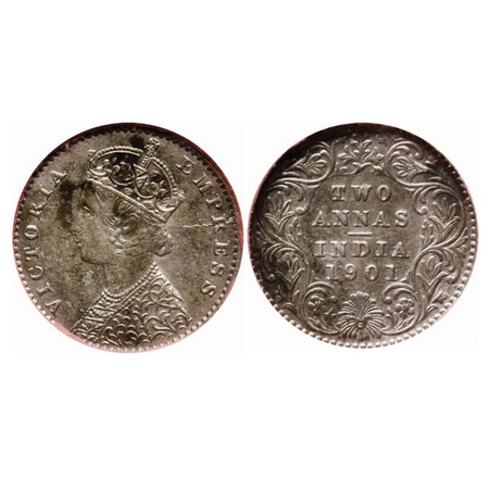 Victoria Empress, Silver 2 Annas, 1901, Calcutta Mint, B/II, 'C' incused. GK 817. XF 45. N