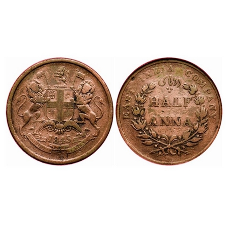 Victoria Queen, Copper 1/2 Anna, 1845, Calcutta Mint, Obv 'B' (after 1849), Cross Bar of n