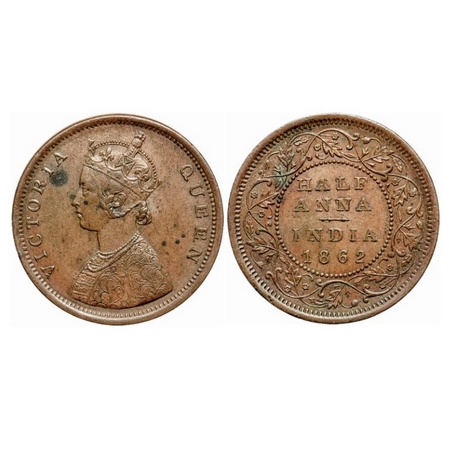 Victoria Queen, Copper 1/2 Anna, 1862, Calcutta Mint, A/I(i), Flowers with 5 dots around a