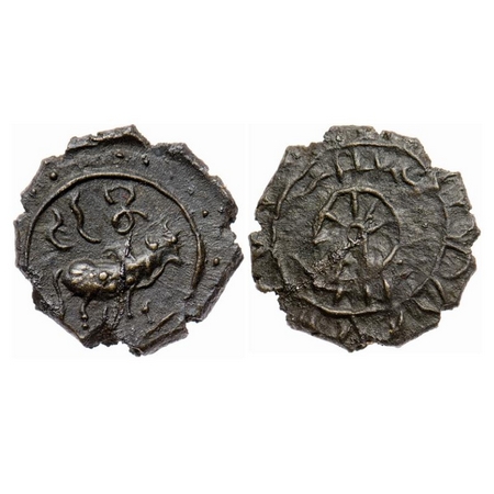 Pallavas of Kanchi, Bronze Unit, 2.44gm 16.05mm, Obv: Humped Bull walking to right Brahmi 