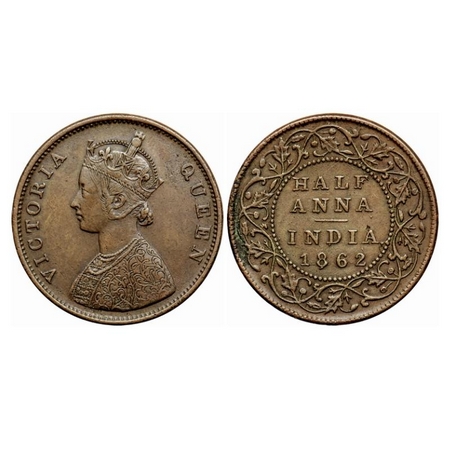 Victoria Queen, Copper 1/2 Anna, 1862, Madras Mint, A/I, Smudged type flowers. GK 390. Ver