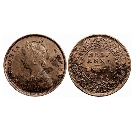 Victoria Queen, Copper 1/2 Anna, 1862, Madras Mint, A/I(i), Flowers with Five dots around