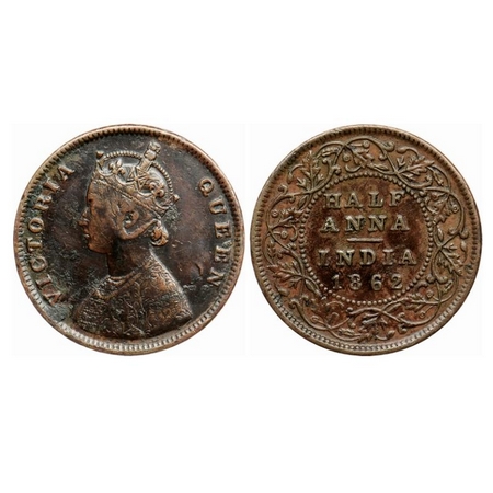Victoria Queen, Copper 1/2 Anna, 1862, Madras Mint, A/I(i), Flowers with Five dots around 