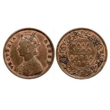 Victoria Queen, Copper 1/2 Anna, 1862, Bombay Mint, A/I, Sumged type flowers, numeral 1 of