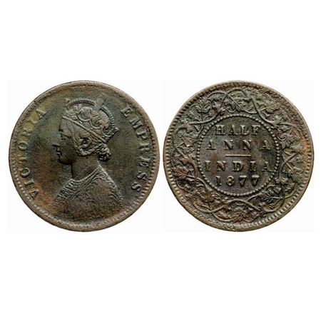Victoria Empress, Copper 1/2 Anna, 1877, Calcutta Mint, C/II, Numeral 77 broad. GK 821. Ve