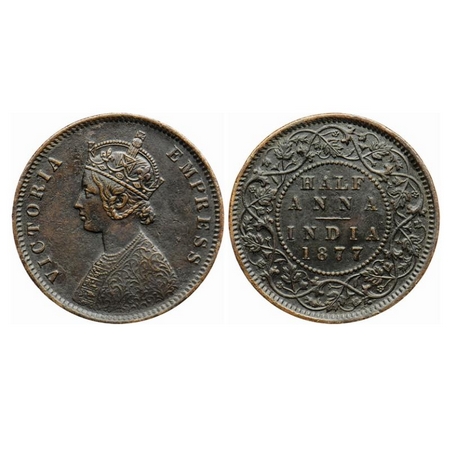 Victoria Empress, Copper 1/2 Anna, 1877, Calcutta Mint, C/II, Numeral 77 broad. GK 821. Ex
