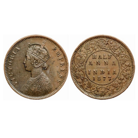 Victoria Empress, Copper 1/2 Anna, 1877, Calcutta Mint, C/II, Numeral 77 broad. GK 821. Ve