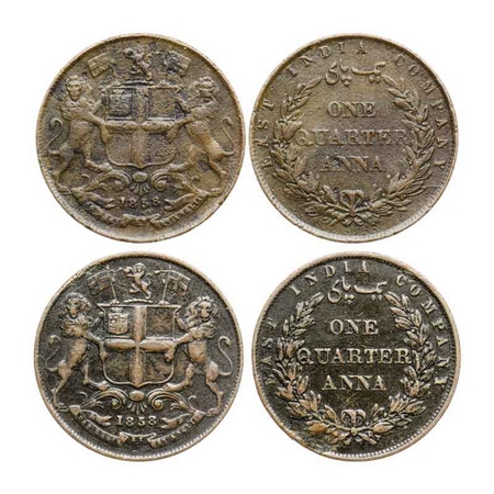Victoria Queen, Copper Quarter Anna (2 Coins), 1858, 1) J. Watt & Co., Birmingham Mint, Si