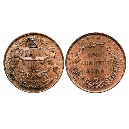 Victoria Queen, Copper Quarter Anna, 1858, J.Watt & Co., Birmingham Mint, Single leaf, Yea