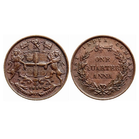 Victoria Queen, Copper Quarter Anna, 1858, J.Watt & Co., Birmingham Mint, Single leaf, Yea