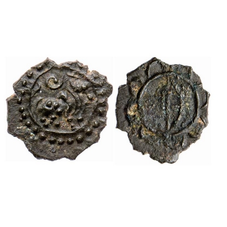 Pallavas of Kanchi, Bronze Unit, 0.78gm 13.51mm, Obv: Bull walking to right above conch wi