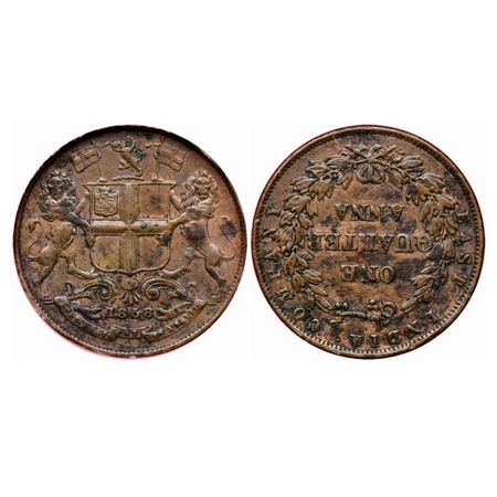 Victoria Queen, Copper Quarter Anna, 1858, R. Heaton & Sons, Birmingham Mint, Two leaves, 