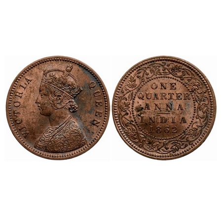Victoria Queen, Copper Quarter Anna, 1862, Bombay Mint, A/I, 'V' incused, No mint mark. GK