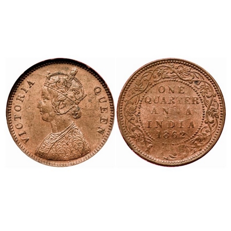 Victoria Queen, Copper Quarter Anna, 1862, Bombay Mint, A/I, 'V' incused, No mint mark. GK