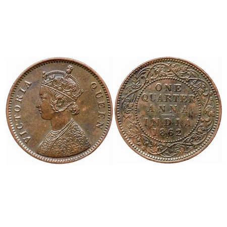 Victoria Queen, Copper Quarter Anna, 1862, Bombay Mint, A/I, Dot below the center of the y