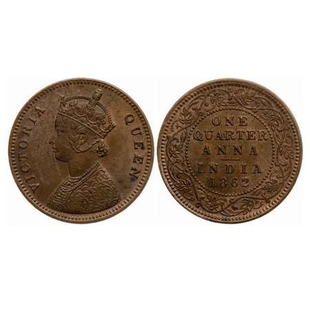 Victoria Queen, Copper Quarter Anna, 1862, Madras Mint, A/I, No mint mark. GK 399. Uncircu