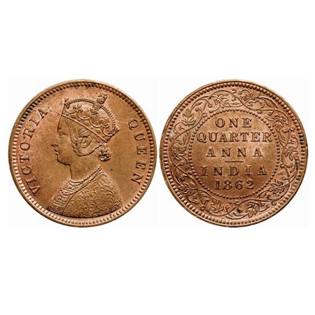 Victoria Queen, Copper Quarter Anna, 1862, Madras Mint, A/I, No mint mark, The wreath desi