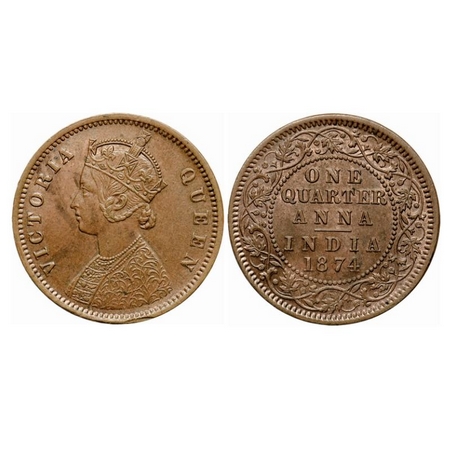 Victoria Queen, Copper Quarter Anna, 1874, Calcutta Mint, B/II, No mint mark. GK 823. Unci