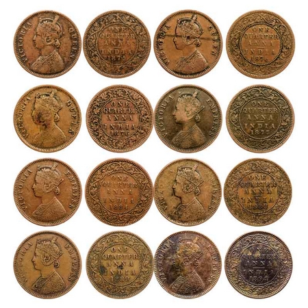 Victoria Queen & Empress, Copper Quarter Anna (8 Coins), 1875, Bombay Mint, A/I, No mint m