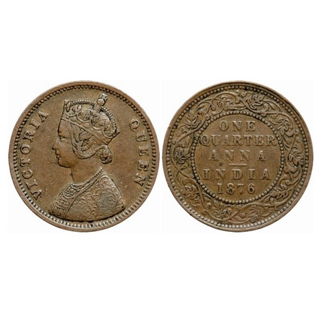 Victoria Queen, Copper Quarter Anna, 1876, Bombay Mint, A/I, No mint mark. GK 826. Very Fi