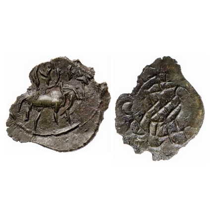 Pallavas of Kanchi, Bronze Unit, 0.47gm 13.72mm, Obv: Humped Bull walking to right above B