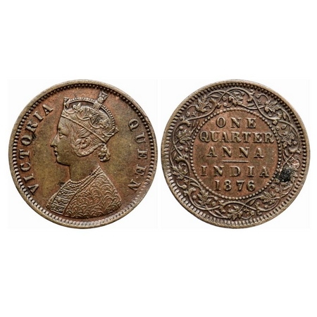 Victoria Queen, Copper Quarter Anna, 1876, Calcutta Mint, B/II, No mint mark. GK 827. Extr