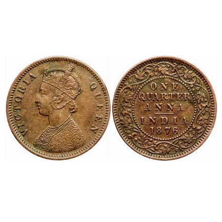 Victoria Queen, Copper Quarter Anna, 1876, Calcutta Mint, B/II, No mint mark. GK 827. Extr