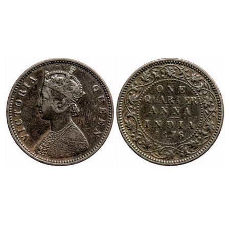 Victoria Queen, Copper Quarter Anna, 1876, Calcutta Mint, B/II, No mint mark. GK 827. Very