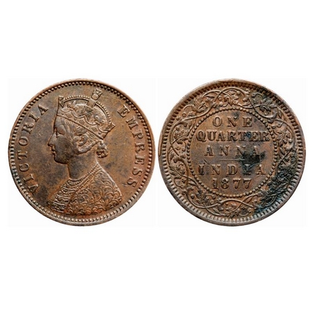 Victoria Empress, Copper Quarter Anna, 1877, Calcutta Mint, B/II, No mint mark. GK 829. Ve